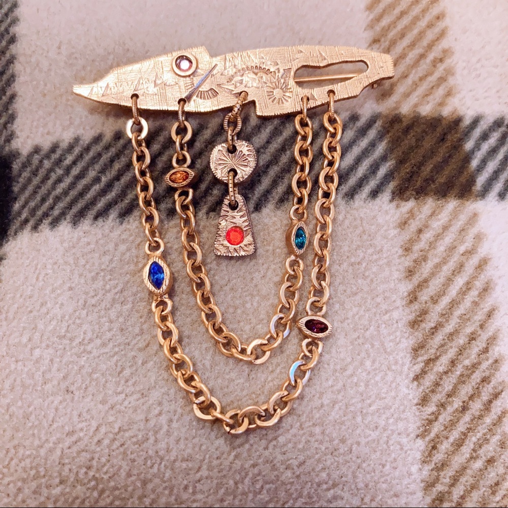 Vintage Signed Patricia Locke Modernist Artisan Jeweled Gold Plate  Brooch Pin